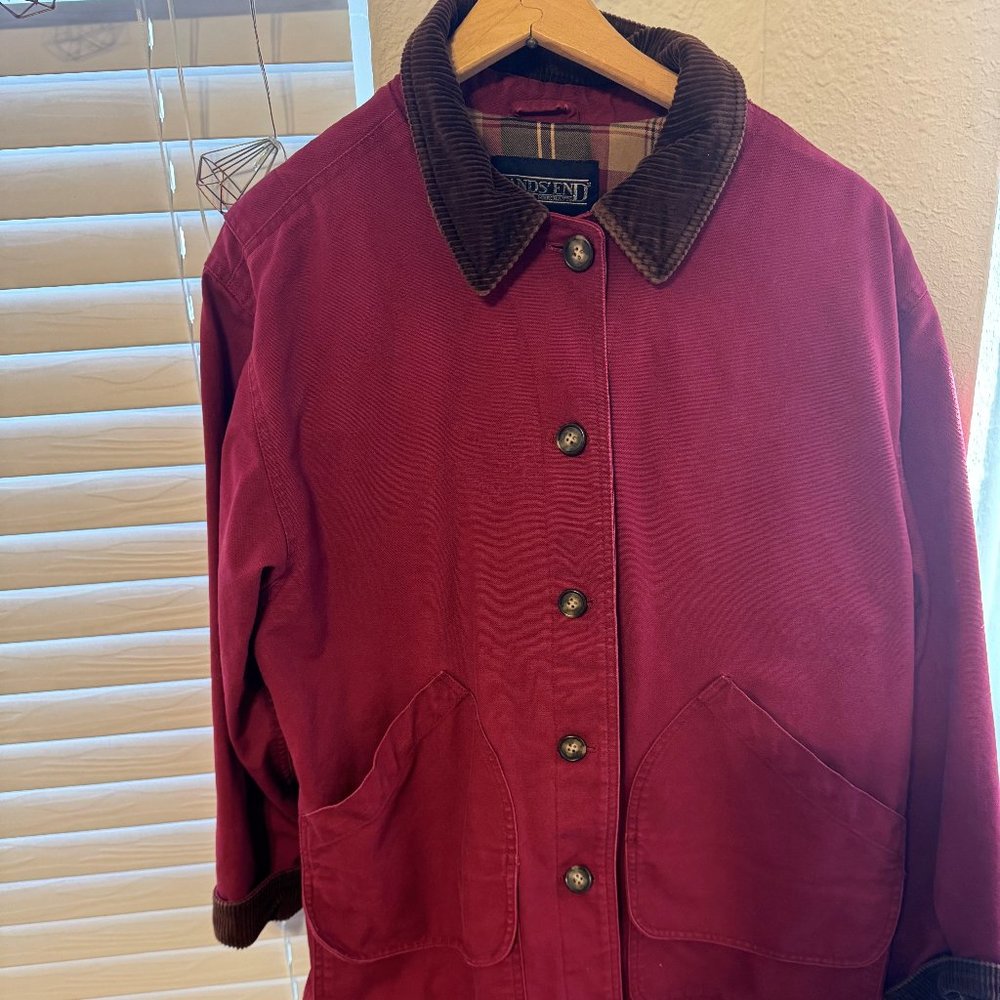 Lands' End Barn Coat Red with Flannel Plaid Lining